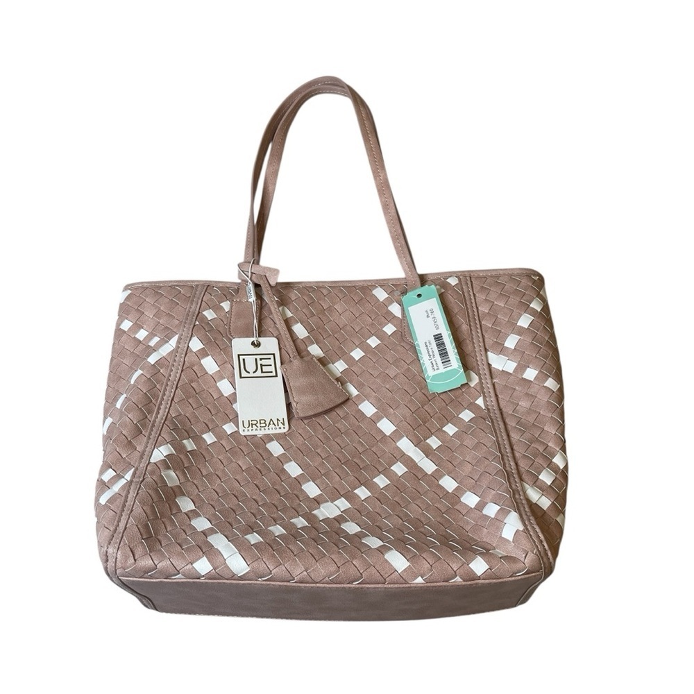 Urban Expressions Blush Pink White Basket Weave Zip Tote Shoulder Bag New
